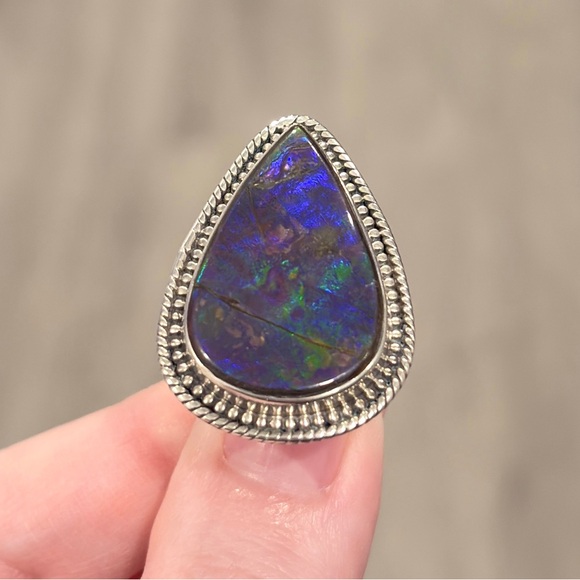 Vintage Sterling Large Blue Ammolite Ring, Triangle Doublet Adjustable Band